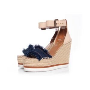 See by Chloé 'Glyn' denim fringed Espadrille Wedge Sandal size 41/9.5
